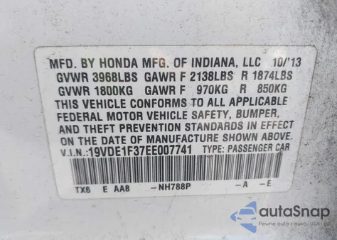 2014 Acura Ilx 2.0L z USA, uszkodzony, nr VIN 19VDE1F37EE007741